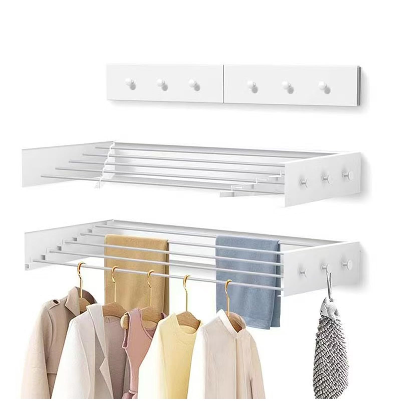 Wandmontage Wäschetrockner Klappbar, 5 Aluminiumstangen | Mit 4 Haken, Platzsparender Wandtrockner Für Badezimmer Und Balkon, Bis Zu 60 Lbs Tragkraft,