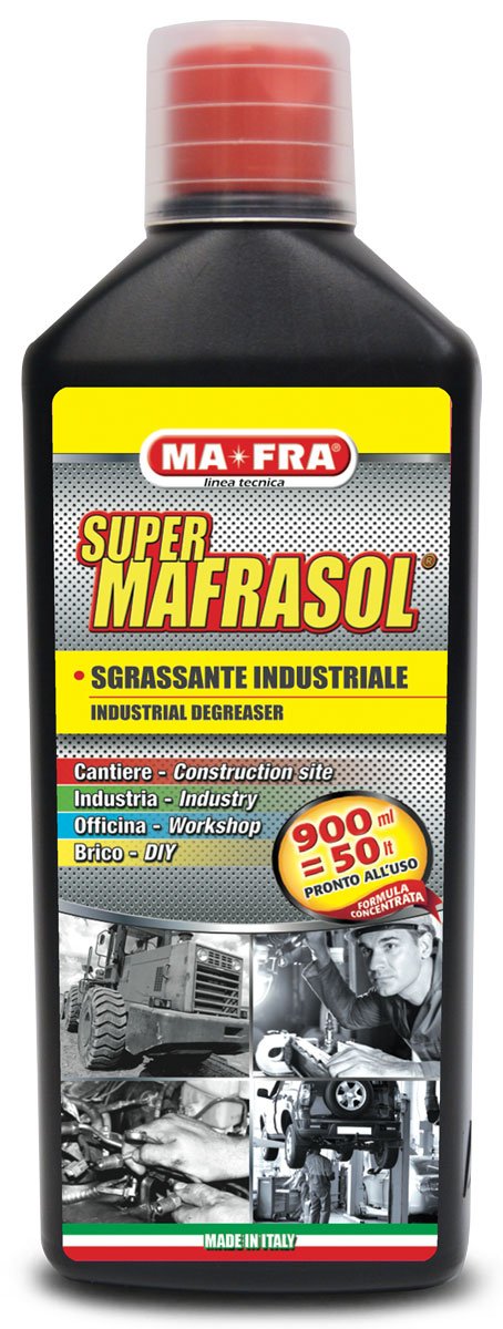 MAFRA, SuperMAFRAsol, Sgrassante Industriale Intensivo, Formula Concentrata Altamente Diluibile, Elimina Tracce di Sporco e Incrostazioni da Ogni Superficie, Formato da 900 ML