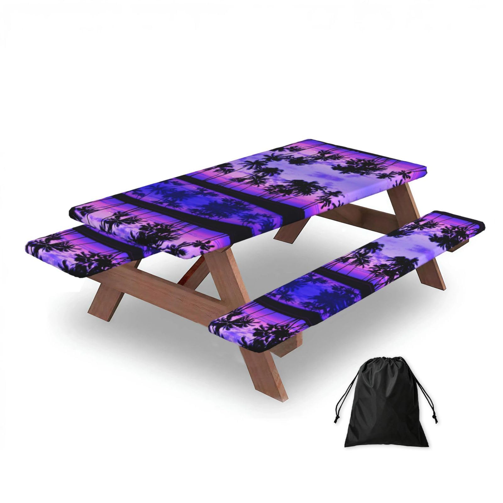 ESNAIUVCD Palm Tree Purple Sunset Print Picnic Table Cover With Bench Covers,Camping Essentials,Fitted Tablecloth Cover With Elastic Edge, For Indoor & Outdoor 3 Pcs