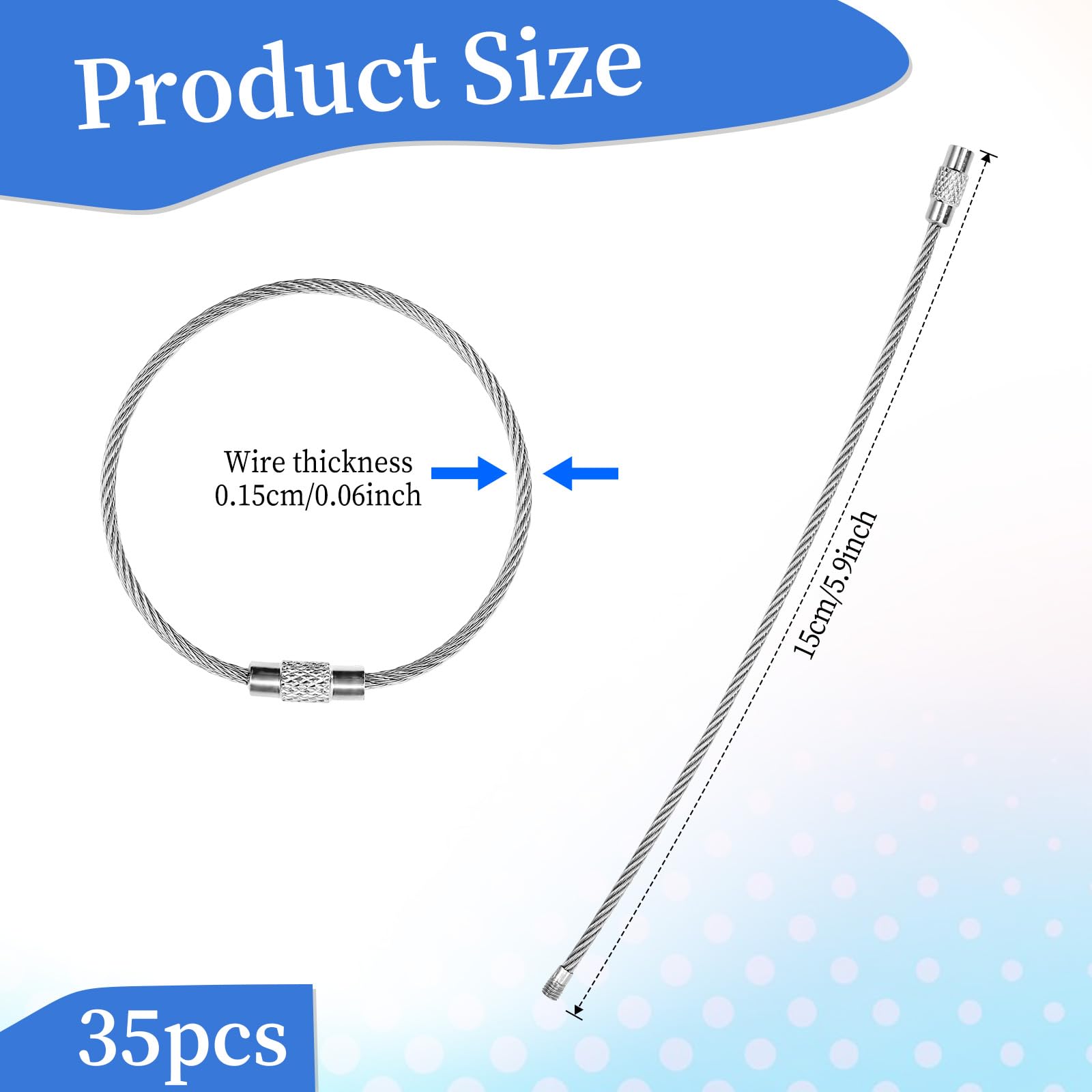 Qianyu 35 Pcs Silver Stainless Steel Wire Keychains Cable Keyrings Loop Rings Holders 5.9 inch Heavy Duty Luggage Tags Loops Tag Keepers for Hanging Luggage Tags Keys ID Tag 1.5mm Twist Barrel