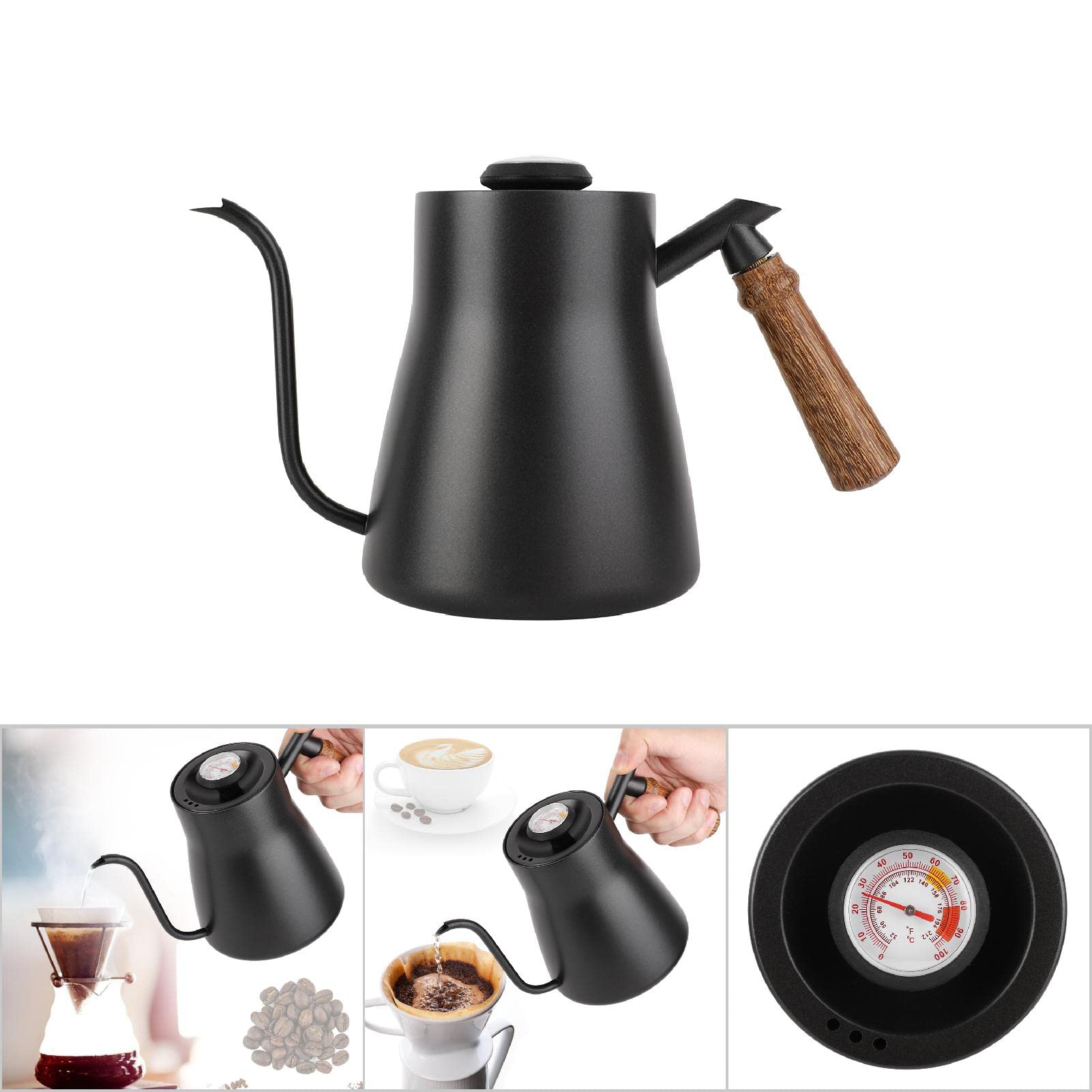 Hervidor de café con Cuello de Cisne de Acero Inoxidable de 850 Ml, Anticorrosión Recubierto de PTFE, Fácil de Limpiar con de Madera y Termómetro, para el Hogar, Cocina, Oficina, (Con