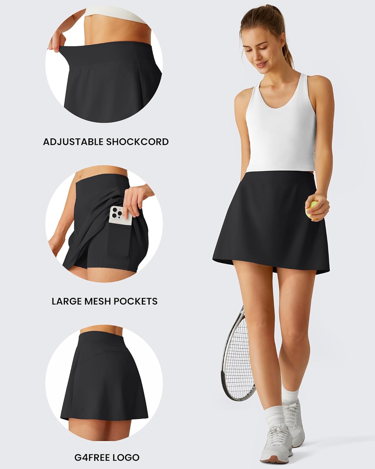 G4Free Lightweight Tennis Skirts for Women - 15" Athletic Yoga Wasit Skirt Casual Golf Skorts Inner Shorts with 2 Pockets