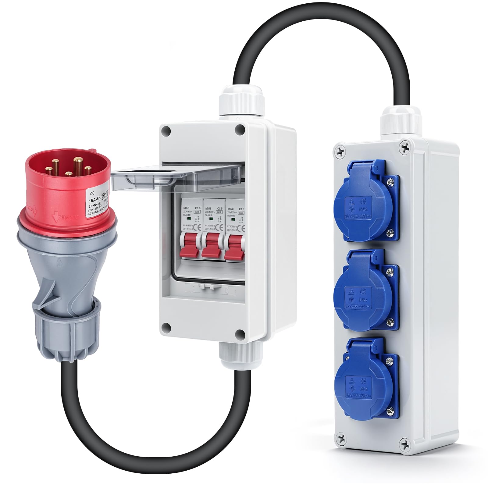Distributore a parete 3 prese Schuko 230V e 1 presa CEE 16A/400V 5P | Con interruttore magnetotermico 16A distributore di corrente IP44 Non richiede cablaggio Adatto per cantieri edili e officine