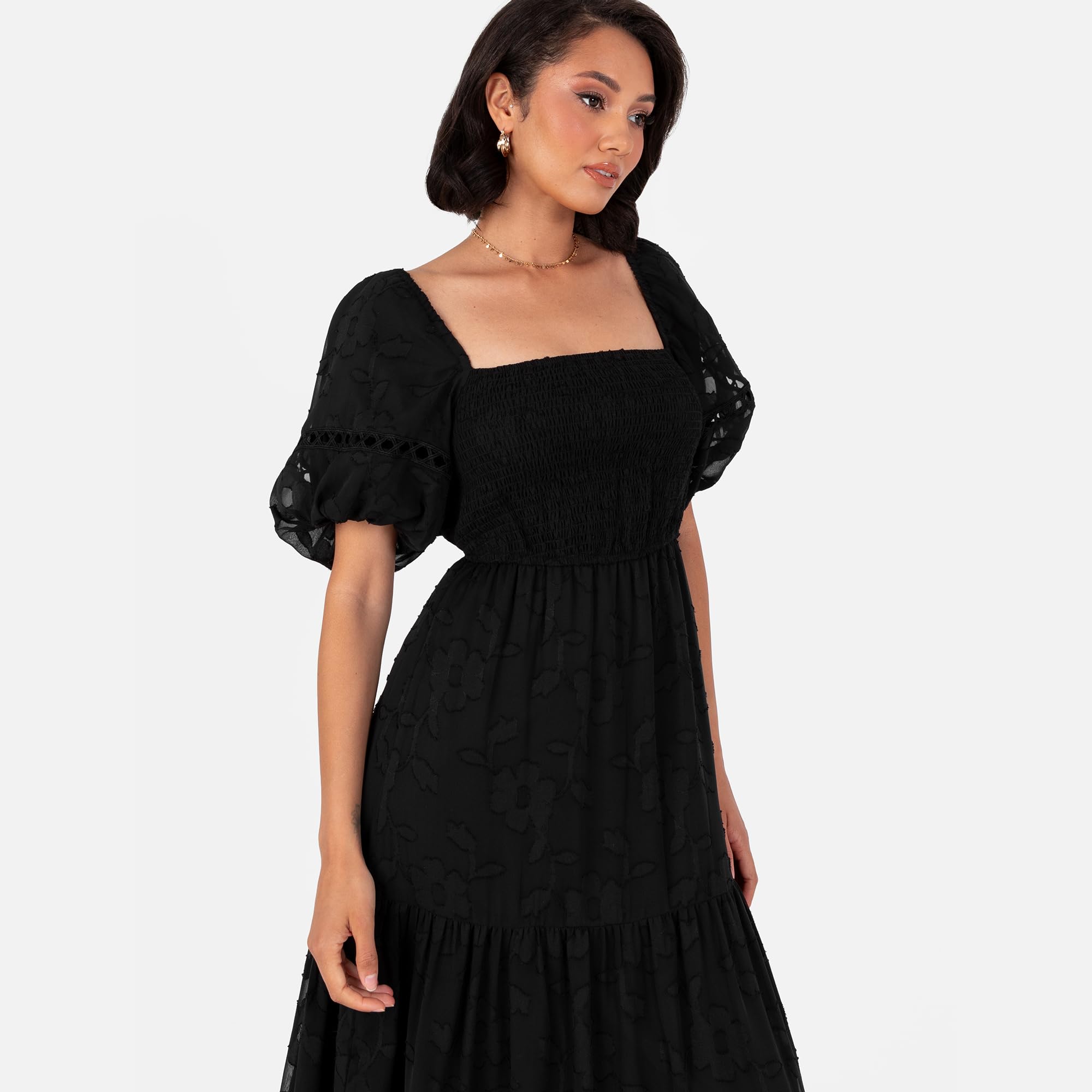 Lovedrobe Women's Maxi Dress Ladies Square Neckline Puff Sleeve Tiered Hem Floral Chiffon Shirred A-Line Tie Back Milkmaid Dress Mujer (Pack de 1)