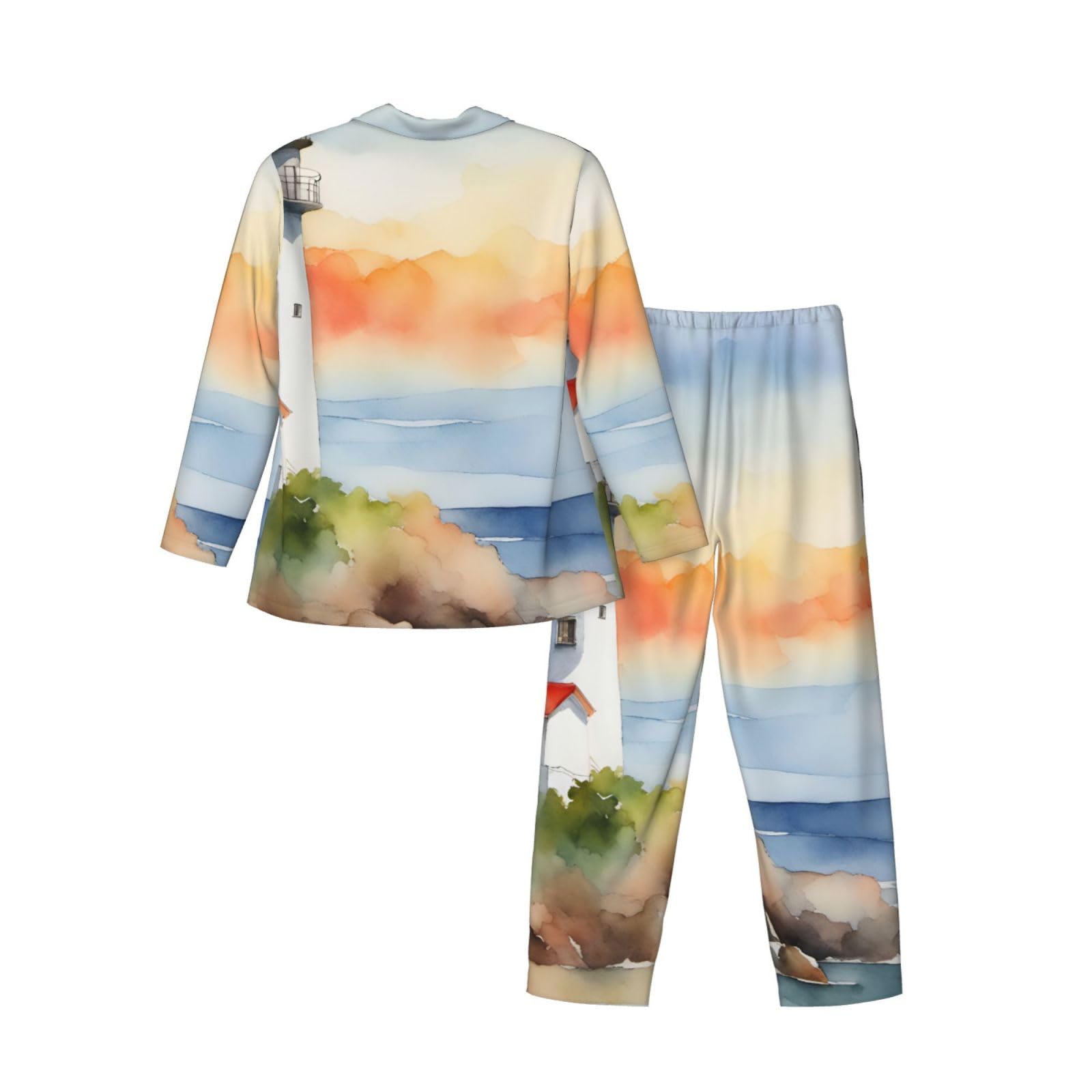 Herren-Pyjama-Set mit Leuchtturm-Aufdruck, langärmelig, zweiteilig, Hauskleidung, bequeme Nachtwäsche