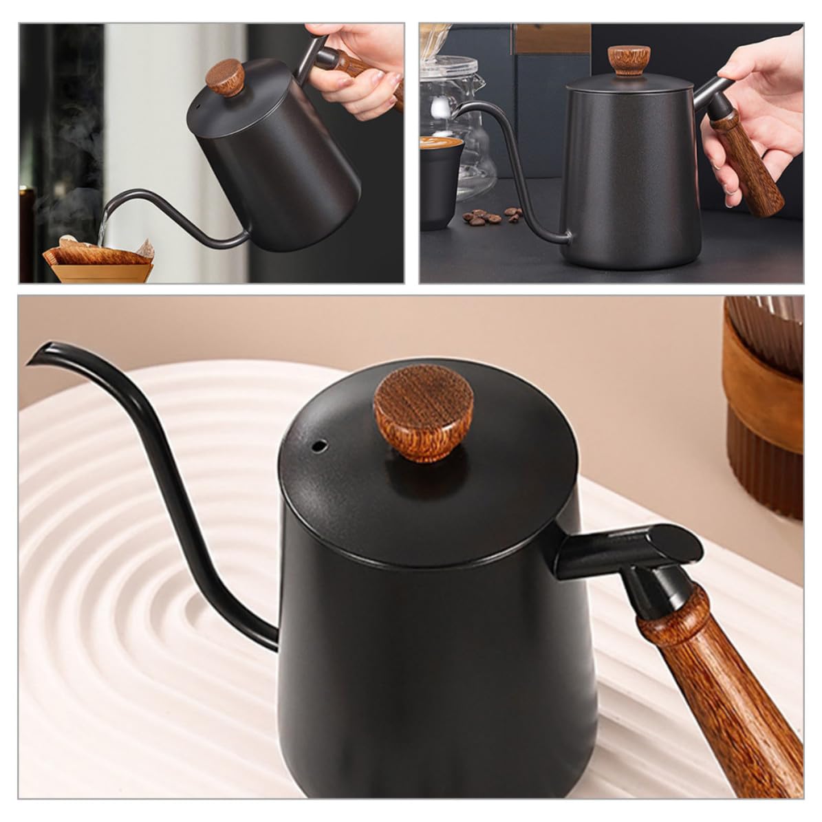 Bollitore Design Moderno ed Elegante per Caffè in Acciaio Inossidabile 600ml con Becco lungo Gooseneck e Manico in Legno per Versare con Precisione per Uso Domestico