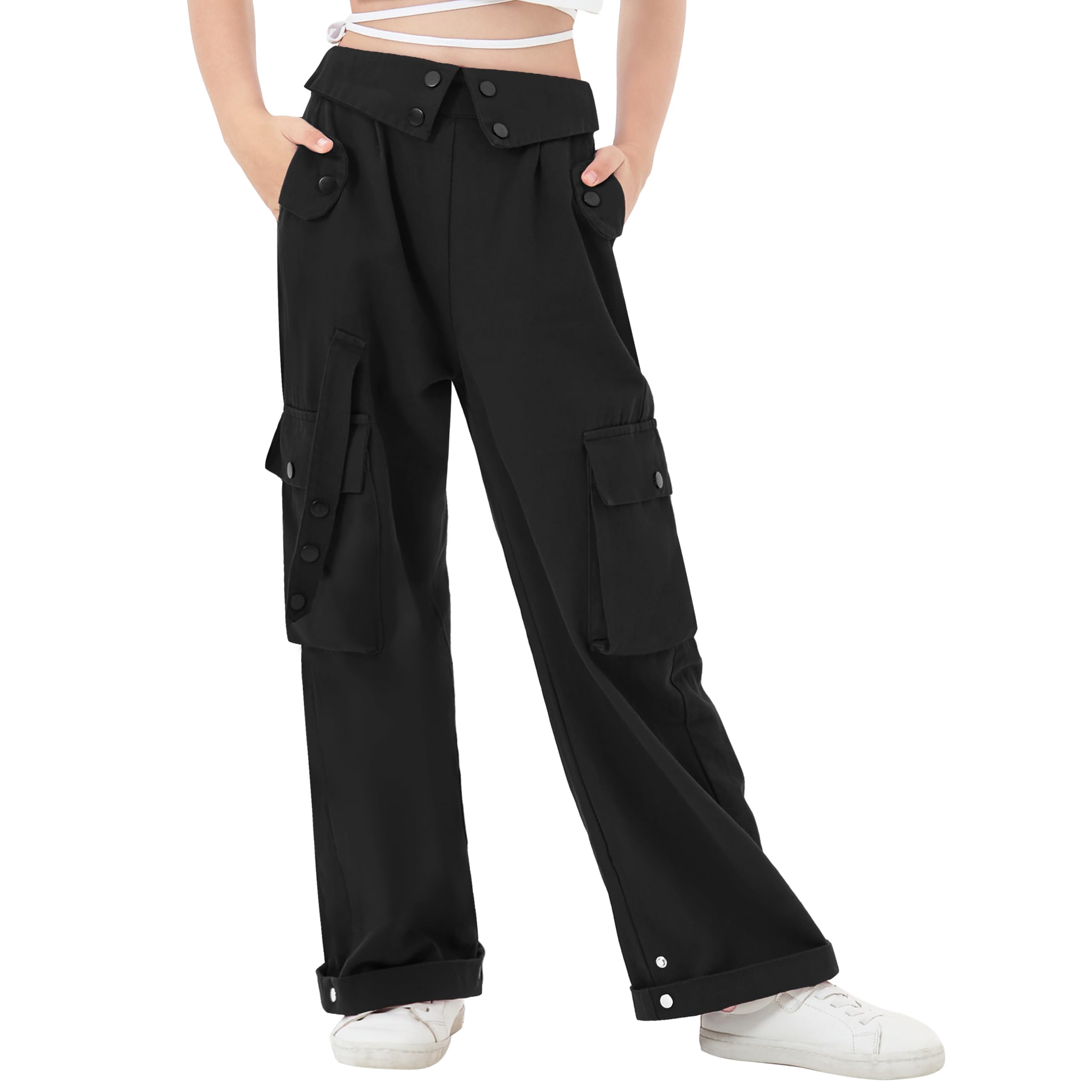 Rolanko Girls Cargo Pants Wide Leg Loose Cargo Trousers with Pockets Streetwear Kids Pants 4-15 Years