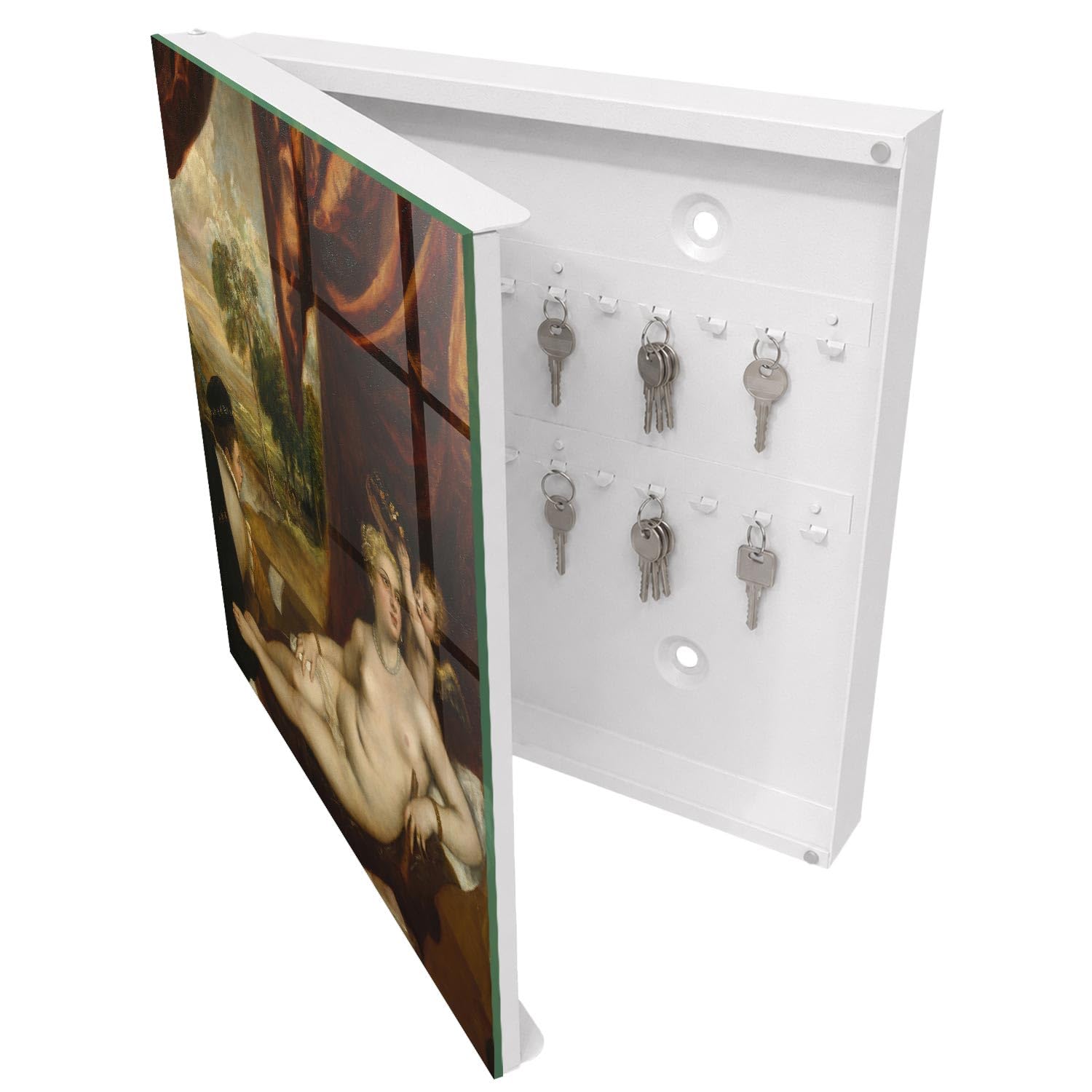 Armadietto Portachiavi 30x30 cm | Bianco | A Sinistra | Montaggio a Parete | Eleganza rinascimentale | in Metallo | per Uffici | Frontale Decorativo in Vetro Temperato | Tasselli e Viti Inclusi