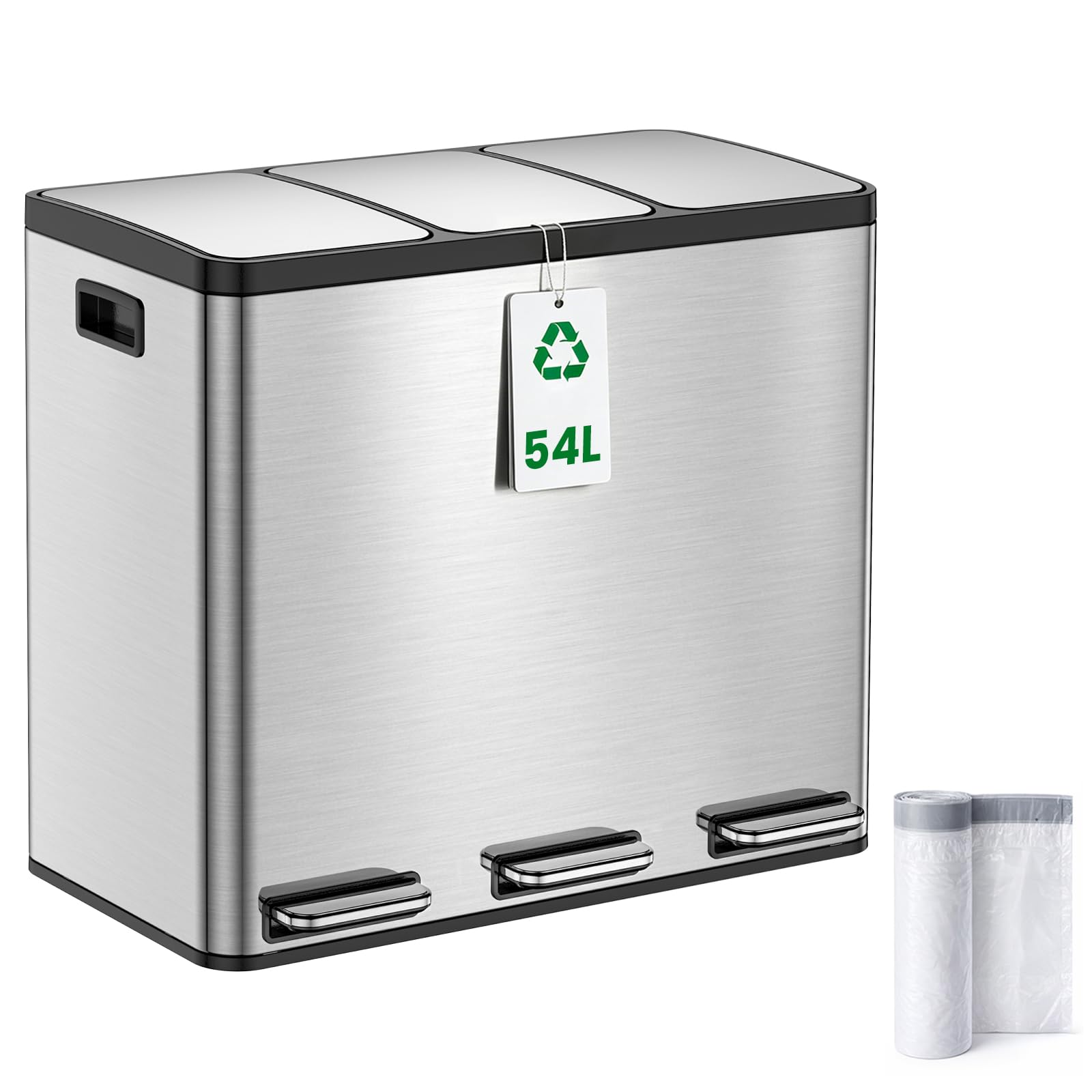 YEAUPE PRO Poubelle Cuisine 3x18L à Pédale, 54L Inox Poubelle Tri Sélectif 3 Compartiments, Triple Ouverture Indépendante, Soft Close Silencieux, Bacs Amovibles, 15 Sacs Inclus