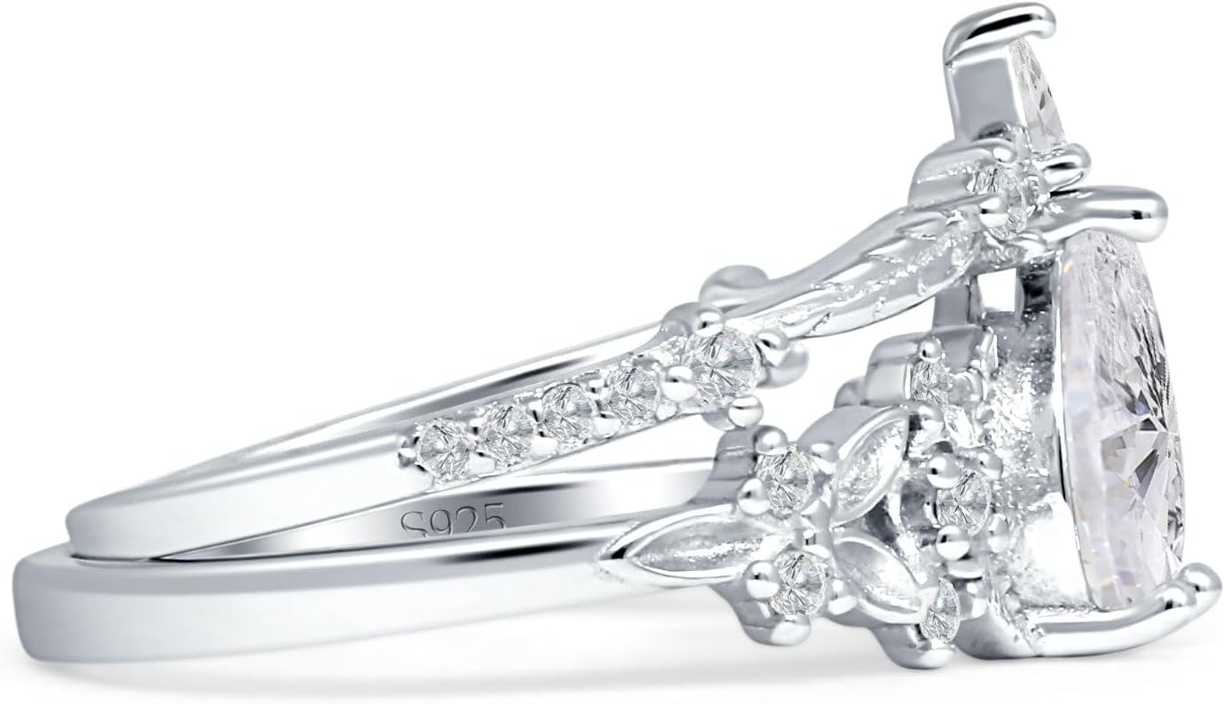 OMRANII Art Deco Pear Teardrop Bridal Set Ring Two Piece Leaf Design Cubic Zirconia Floral Wedding Engagement Ring Solid 925 Sterling Silver