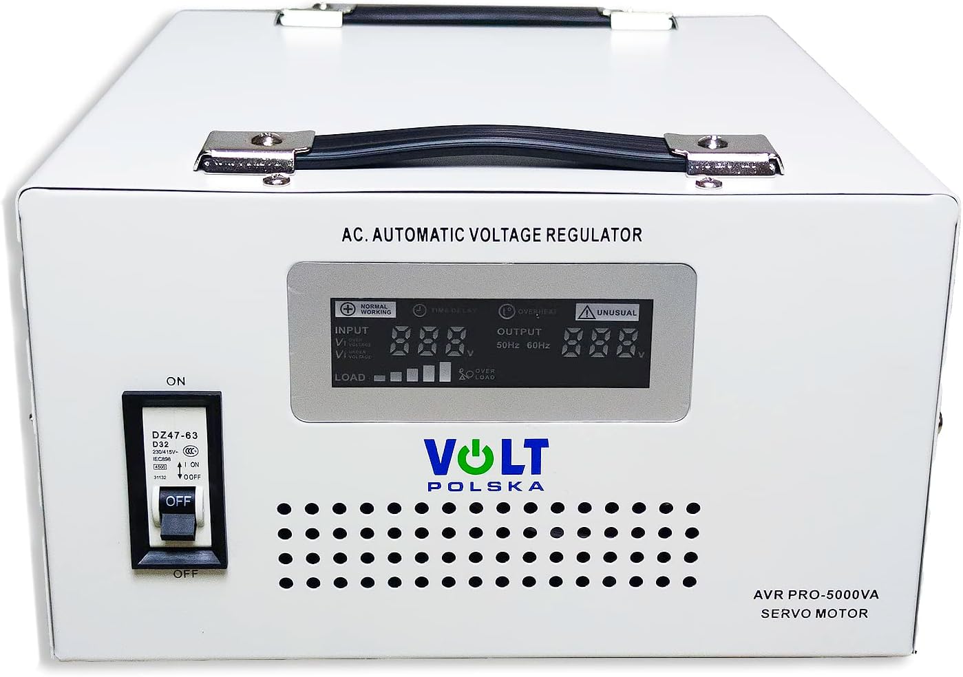 ముందు view of Volt Polska AVR PRO 5000VA showing the display and power switch.