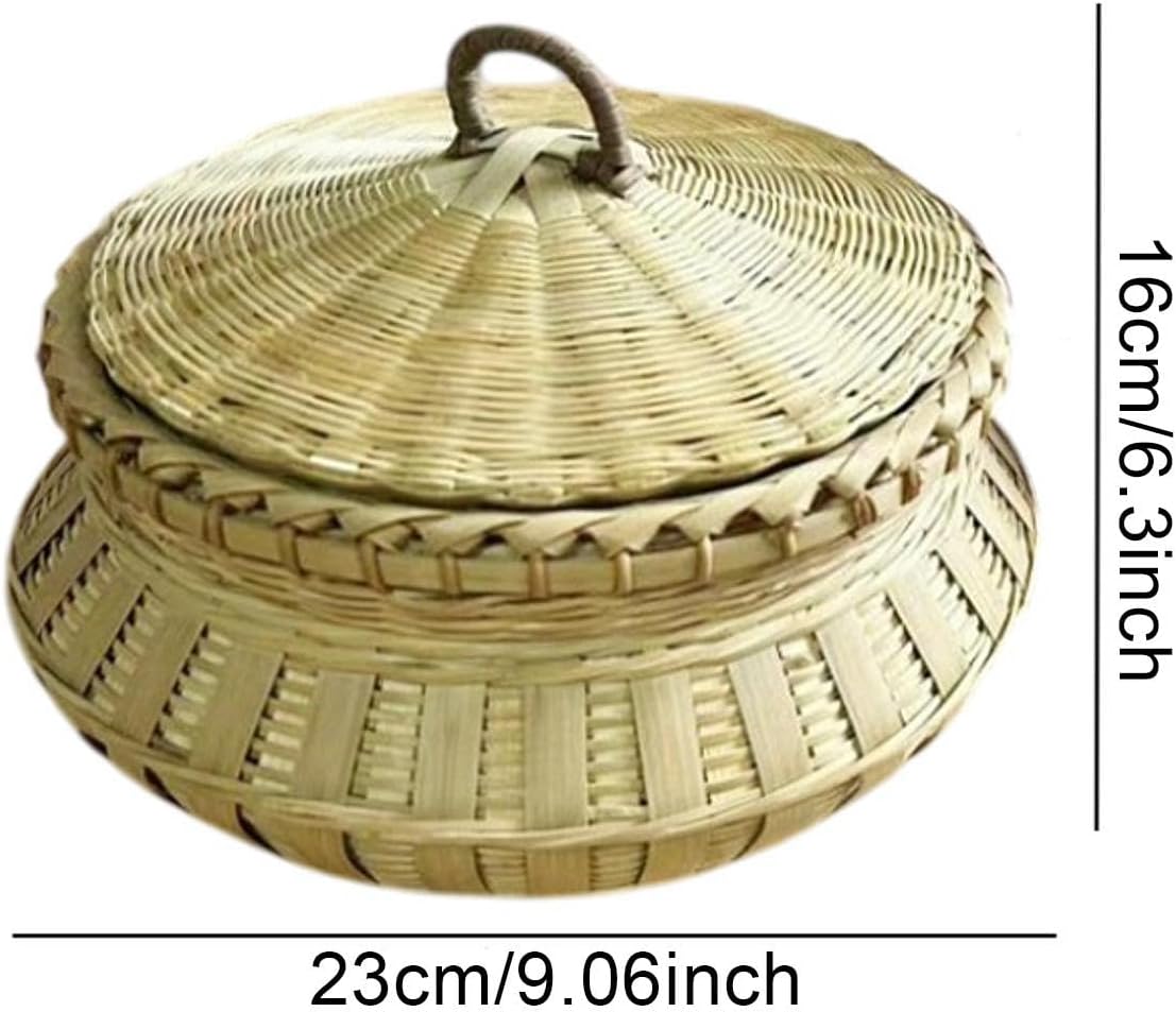 Egg Organizing Bamboo Woven Basket Organizer Multipurpose Handcrafted Storage Basket with Lid Home Decor Ornament, Natural Color