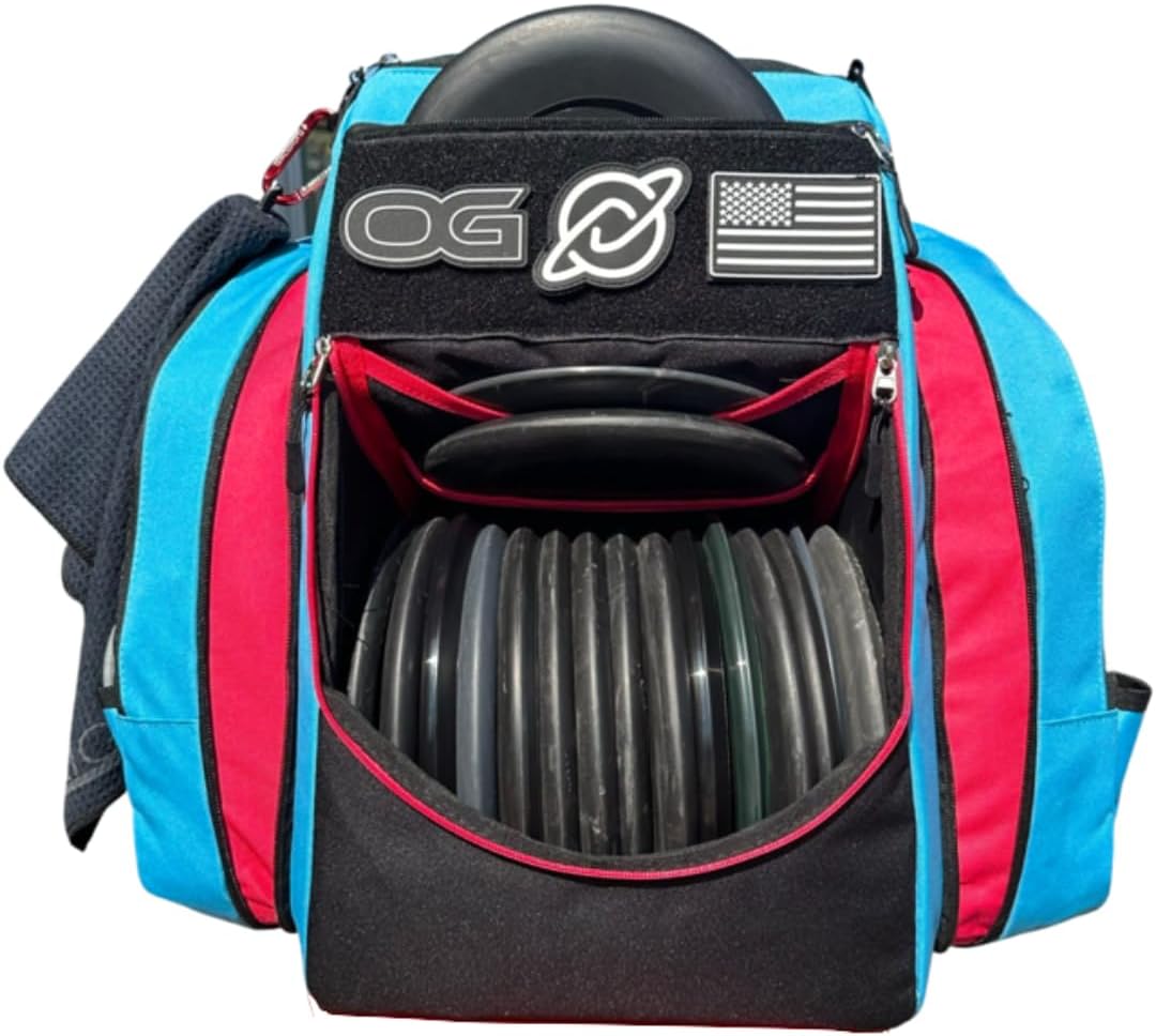 Discology Disc Golf OG V2 Disc Golf Bag | 26+ Disc Capacity | Premium Disc Golf Backpack Bag | Tough, Durable Design | 2 Large Top and Side Compartments | Top Patch Panel with Two Patchs Included