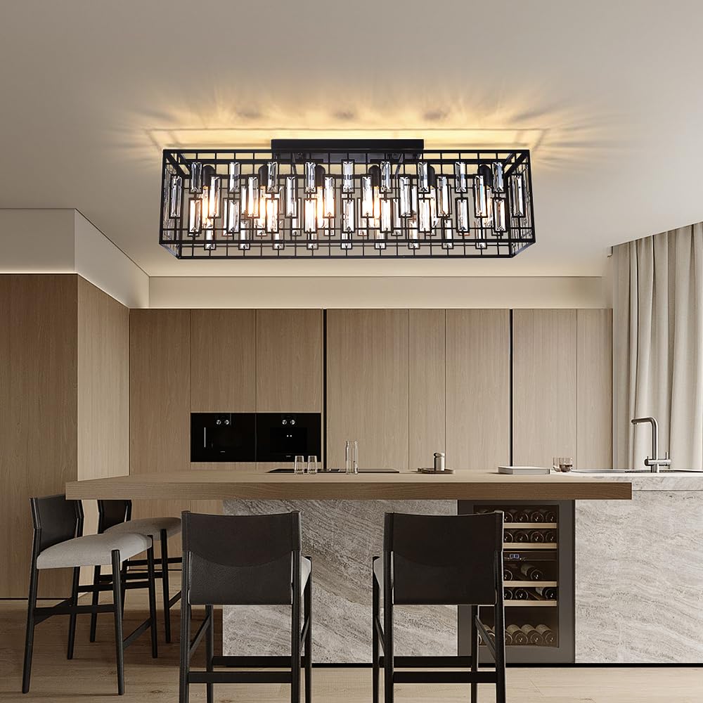 Condition photo showing New/Like New for Modern Flush Mount Rectangle Chandelier Dining Room Ceiling Light Crystal Fixture for Living Room Kitchen Island Bar Walk-in Closet Dressing Room