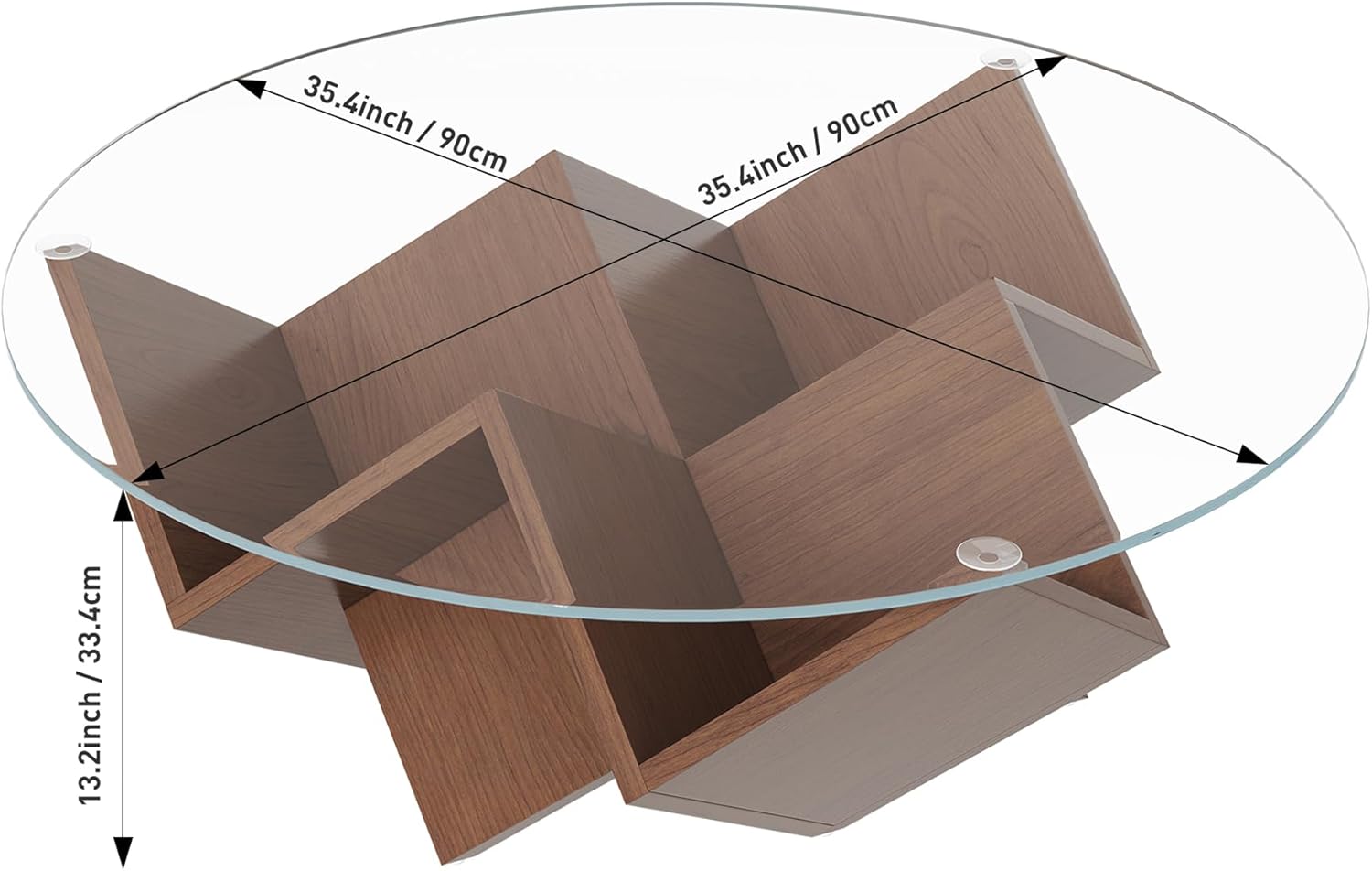 35.4" Unique Round Glass Top Coffee Table with Geometric Art Base & Storage Shelves, Modern Tempered Glass Center Table with Walnut Finish for Living Room, Mid-Century Design