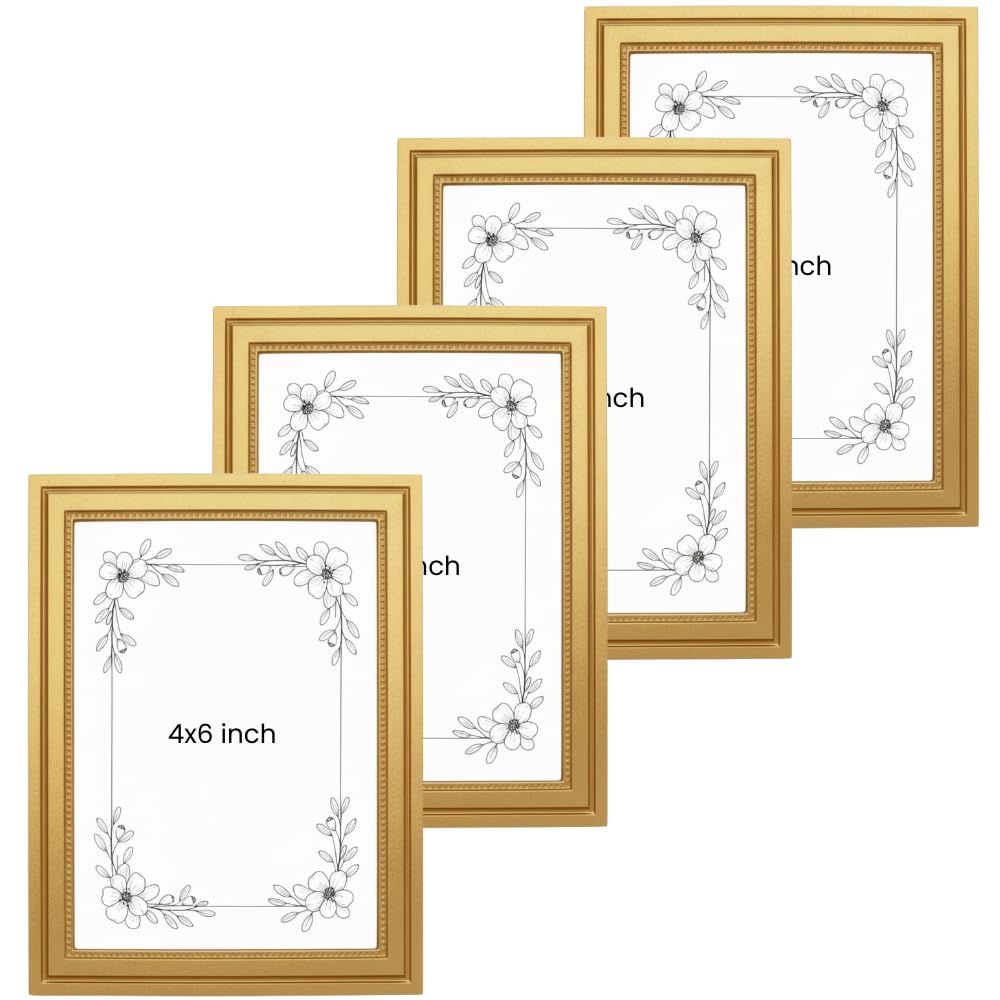 Concepts Pack of 4-4x6 Gold Micro Bead Resin Photo Frame | Minimalist Beaded Edge Decorative Frame for Photos & Artwork
