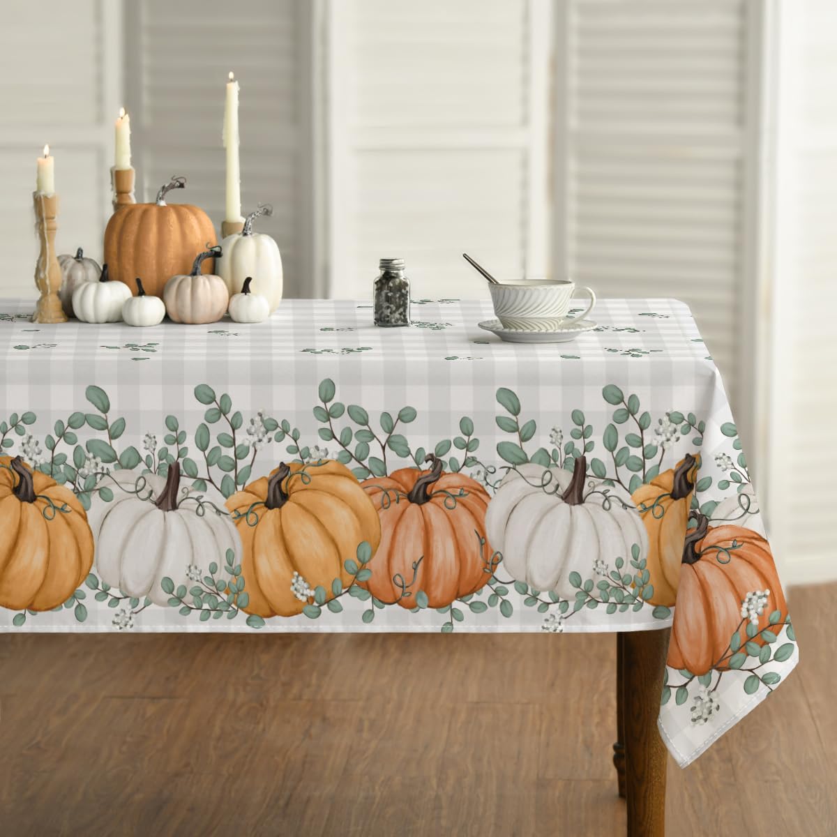 Horaldaily Fall Tablecloth 60x84 Inch Rectangular, Thanksgiving Autumn Harvest Orange Pumpkin Buffalo Plaid Table Cover for Party Picnic Dinner Decor 60" x 84" (Rectangular) Orange