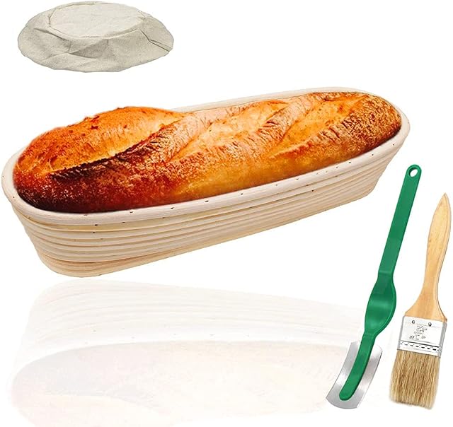 Oval Bread Proofing Basket 14 inch Large Banneton Proving Basket-YOCZOX Natural Rattan Sourdough Proving Basket for Professional Home Bakers 35cm (with Cloth Liner, Bread Lame, and Brush)