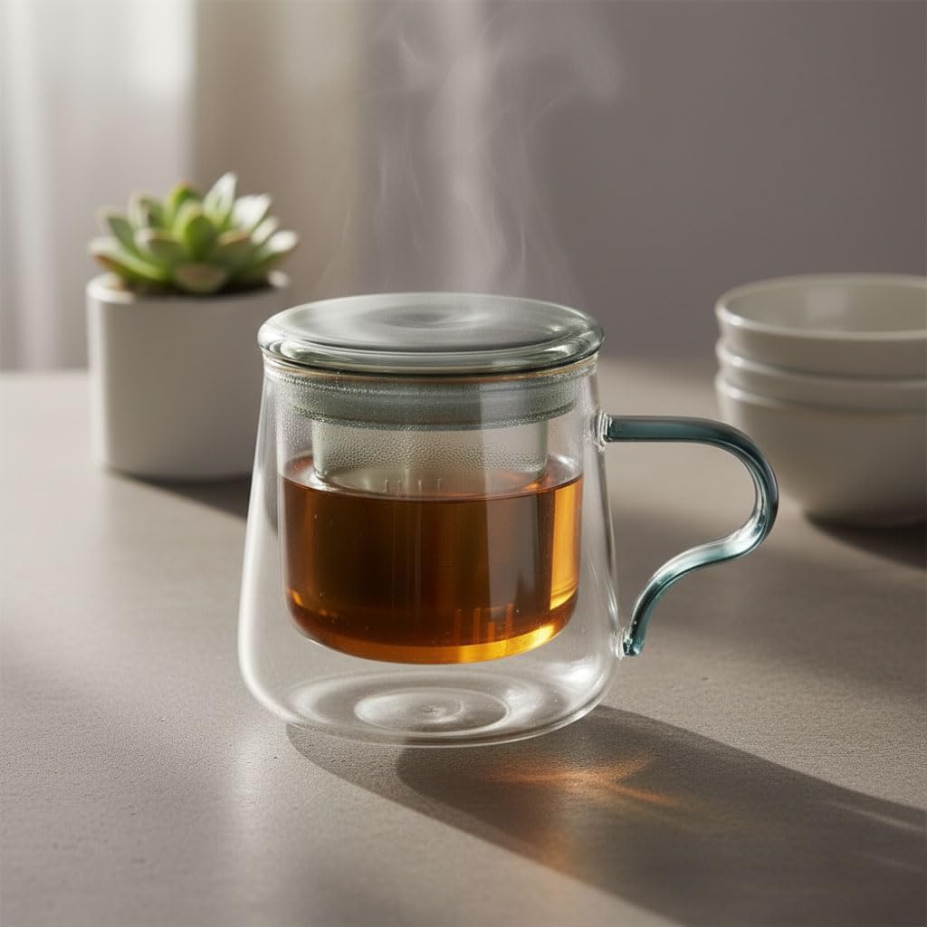 Чайная чашка Deconox из боросиликатного стекла | Кружка со стеклянным фильтром и стеклянной крышкой | 350 мл | Одинарный чайный стакан (пухлый длинный дымчатый цвет)