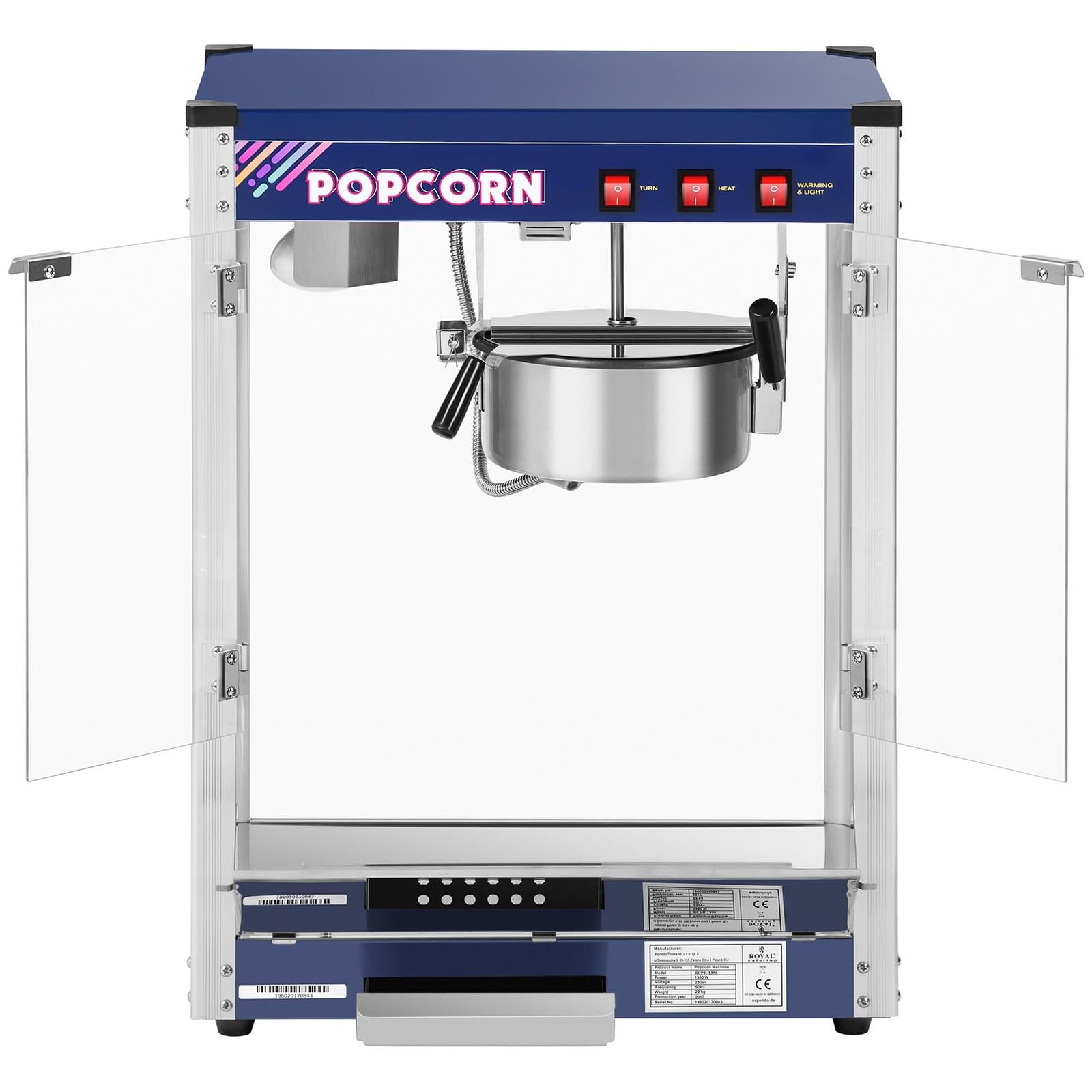 Royal Catering Palomitera Maquina de Palomitas Profesional (1500 W, aprox. 5 kg/h, Revestimiento antiadherente, 33,7 x 47,6 x 51,7 cm)