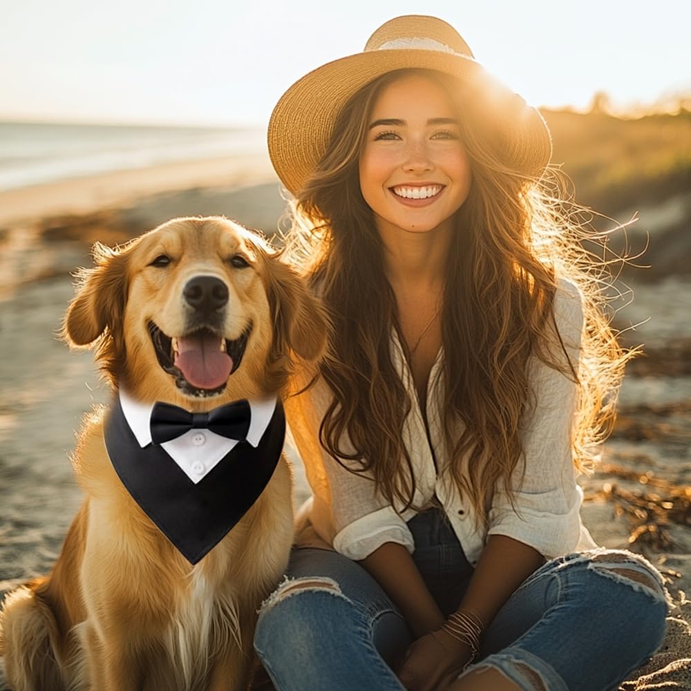 Bandana per Cani 36-60 cm Collare Smoking Cane Regolabile con Foulard e Papillon Cravatta Sciarpa Formale Nero