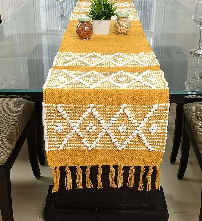Image of Handwoven Designer Organic Cotton Table Runner for 6 Seater Dining Table |Center Table | Patio Table |Coffee Table (14*72 INCHES)|Yellow D| TRBL 020