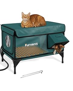Outdoor Heated Cat House in Winter,Extremely Insulated & Weatherproof,Elevated Feral Cat Shelter with Waterproof Eaves & Escape Door for Outside Stray Barn Cat (Dark Green,L)