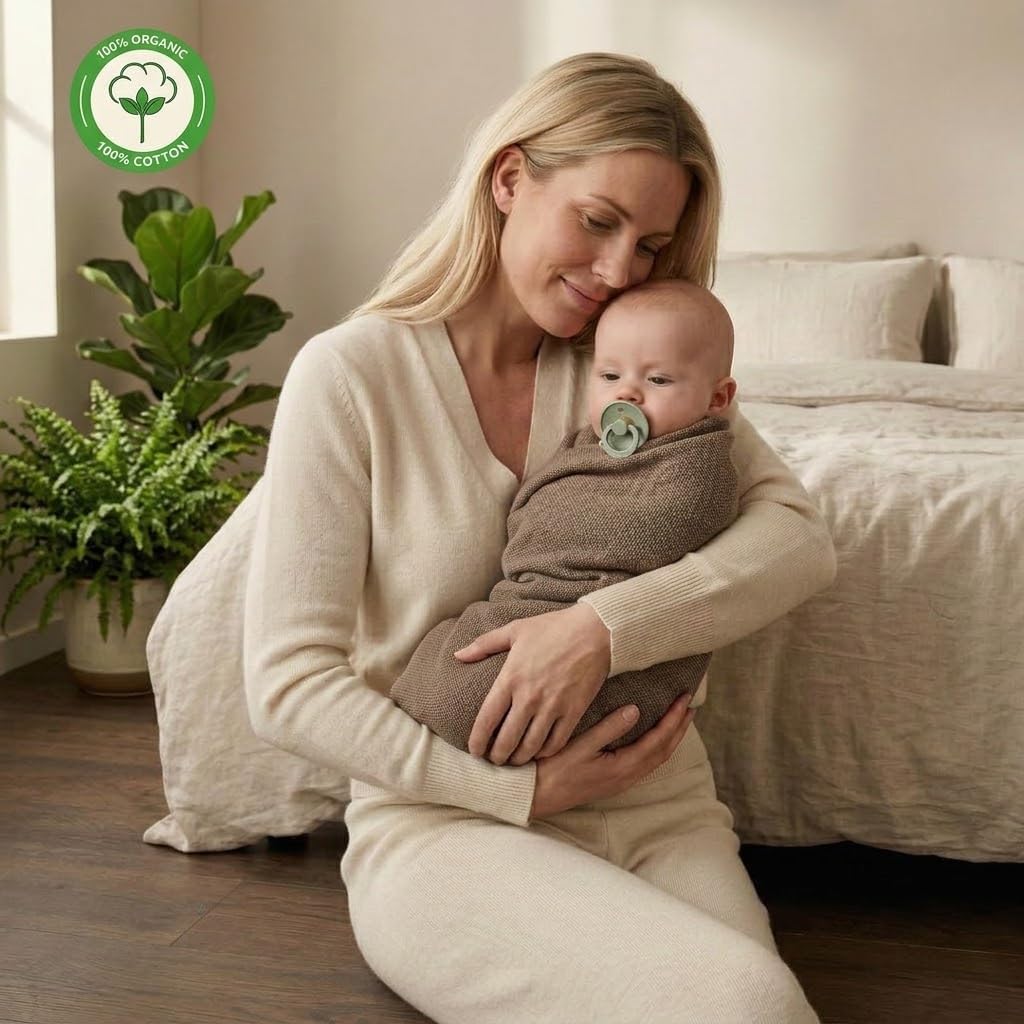 100% Organic Cotton Knit Baby Blanket for Boys and Girls- Pointelle Swaddle Blanket - 40" x 30" Soft Receiving Blanket for Newborn - Lightweight Heirloom Nursery Knit Blanket for Babies (Mochachino)
