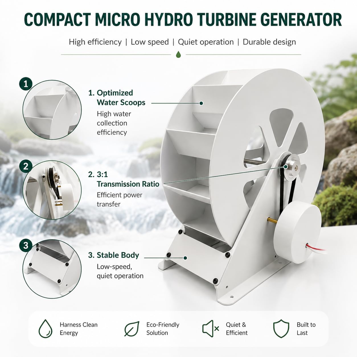 Generador de turbina de agua portátil de 100 W – Kit hidroeléctrico de flujo para corrientes/ríos fuera de la red – Microgenerador hidráulico de acero duradero con funcionamiento silencioso