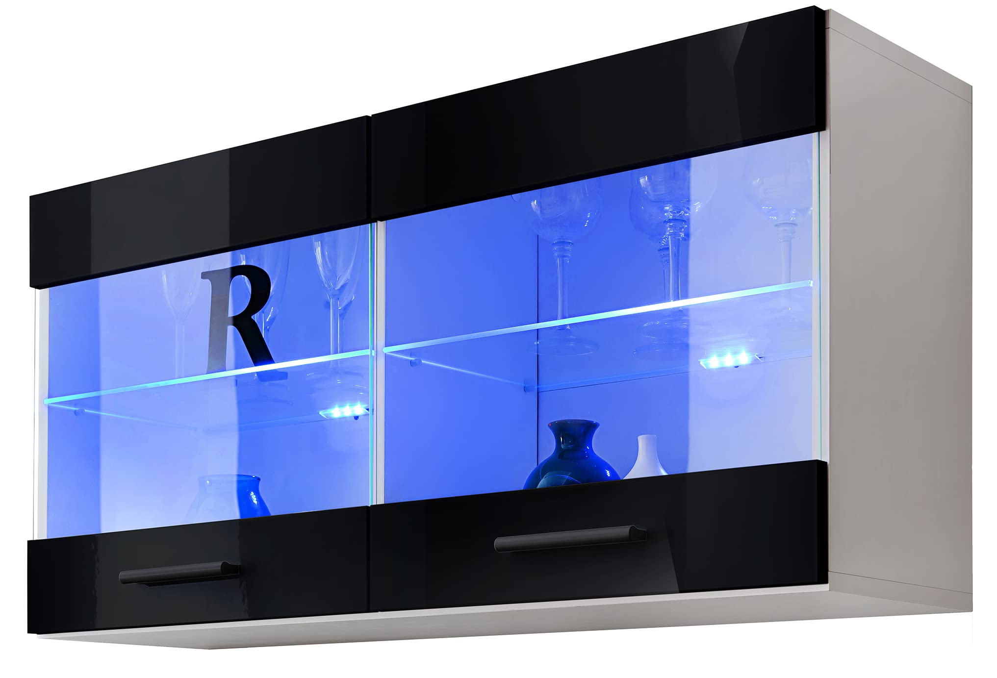 Komodee, Vetrina Savona - Armadio in vetro, Bianco/Nero, larghezza 100 cm x altezza 50 cm x profondità 30 cm, LED Blu, 2 ripiani in vetro, 2 ante per soggiorno, cucina