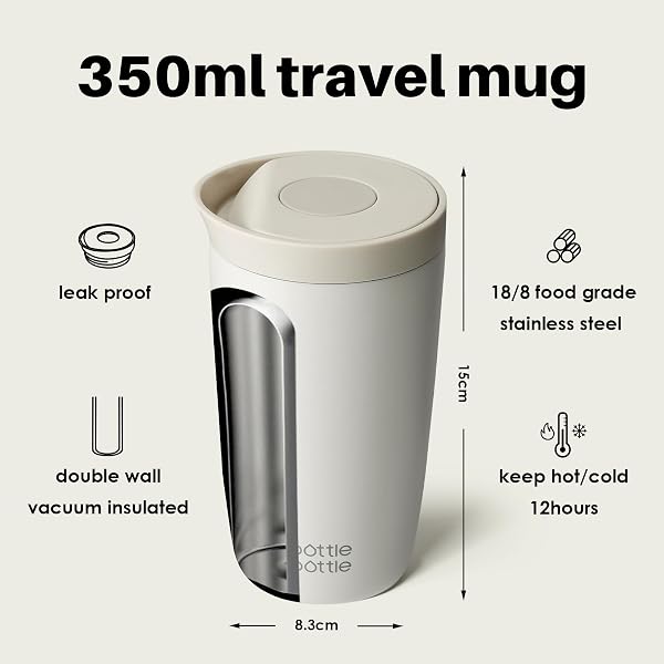 BOTTLE BOTTLE Thermobecher 350ml für Kaffee oder Tee, auslaufsicher und Easy Quick-Press-Verschluss, Isolierbecher Travel Mug Classic Grande (Grau) - 3