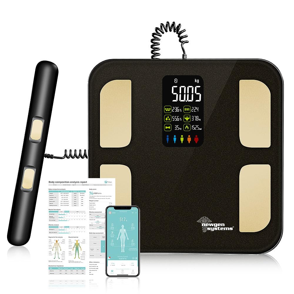 newgen medicals bilancia con sensori manuali: Bilancia digitale per la composizione corporea, con sensori a mano, app (corporea manuali, pesi, piede)