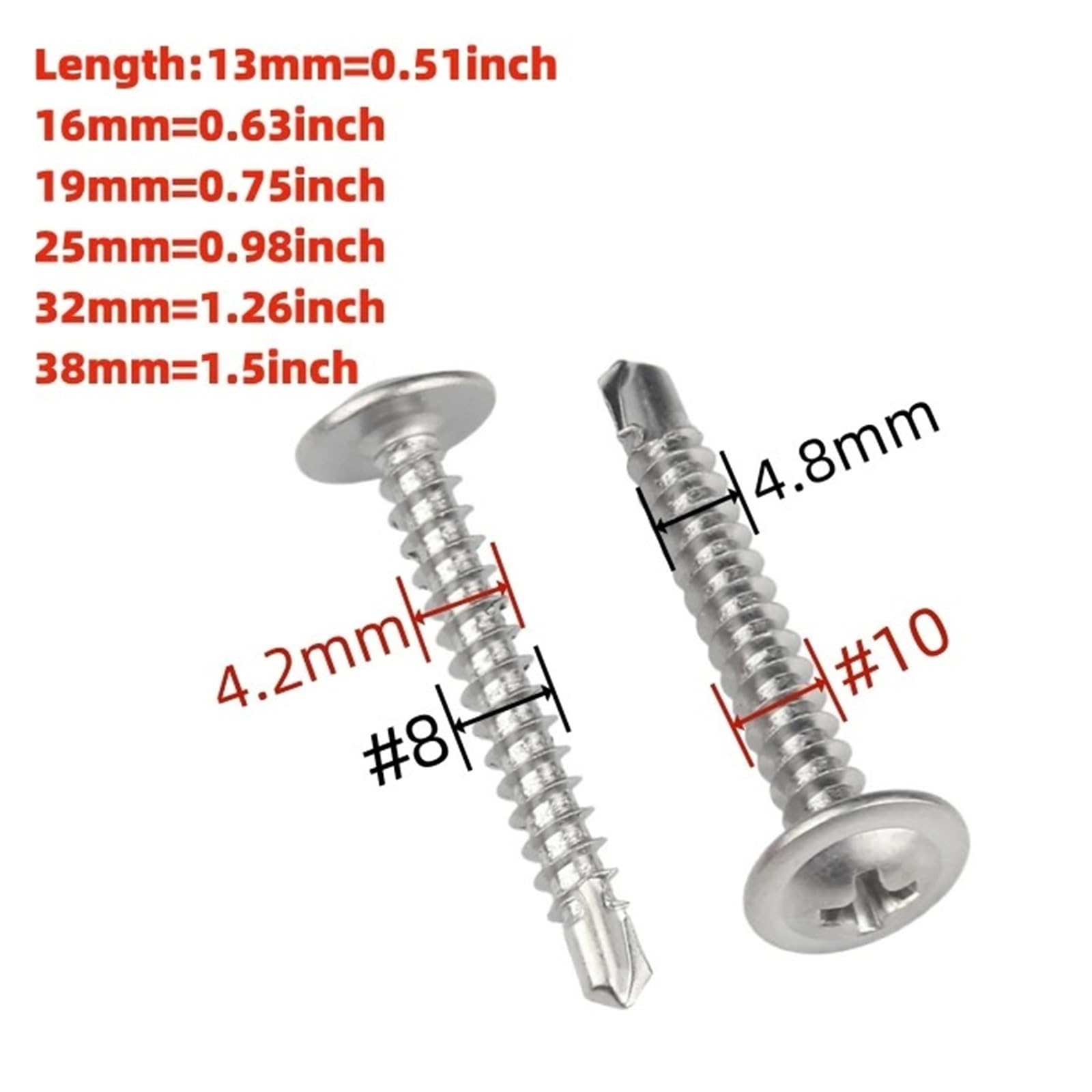 Surtido de 10/50 Tornillos autorroscantes n.° 10 de 4,8 mm, Tornillos autorroscantes modificados for Chapa metálica, Plateados(50pcs,25mm)