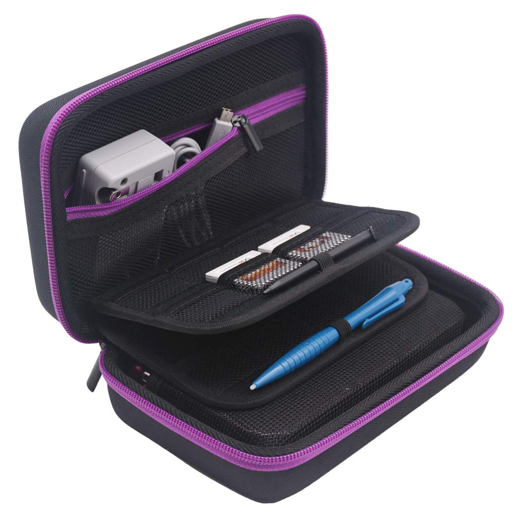 Jun Xuan New 3DS XL and 2DS XL Carrying Case - Fits Wall Charger - 16 Game Card Storage Holders, Hard Shell and Accessories Pocket - Black/Purple