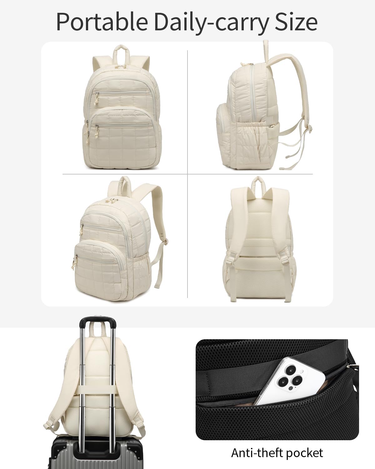 College Bookbag for Women, 17.3in Laptop Backpack Quilted Backpack Puffer for Travel Work Casual Daypack, School Backpack for Teens, Beige
