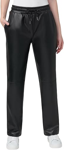 HUE Women's High Rise Faux Leather Straight Leg Pants, Black