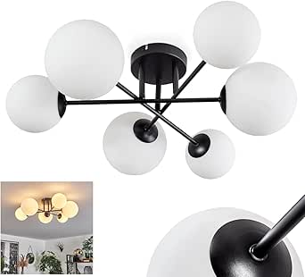 hofstein HOFSTEIN Plafondlamp Chehalis, plafondlamp van metaal/glas in zwart/wit, lamp in modern retro/vintage design met glazen kap (Ø 12 cm, 15 cm), 6 x G9, zonder lampen