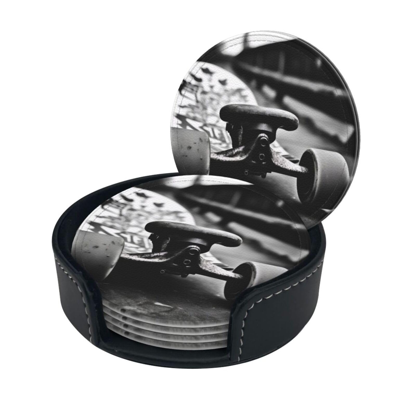 Stylish Coasters - Skate Boards Set of 6 Round Leather Drink Coasters with Holder - Perfect Size for Cups and Glasses