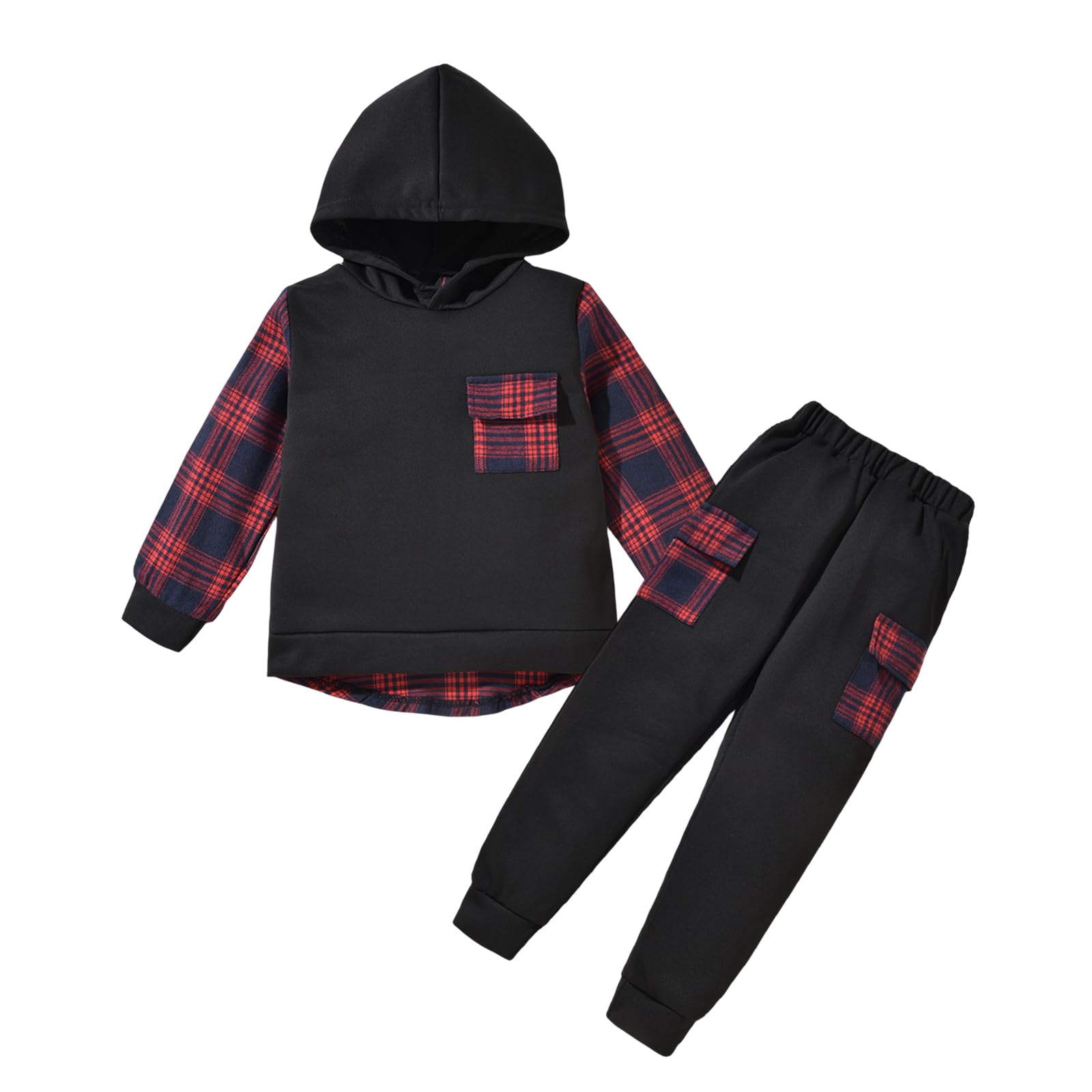 UnutiyloToddler Boy Clothes Plaid Long Sleeve Hoodie Sweatshirt Pants Kids Little Boy Fall Winter Outfits Set