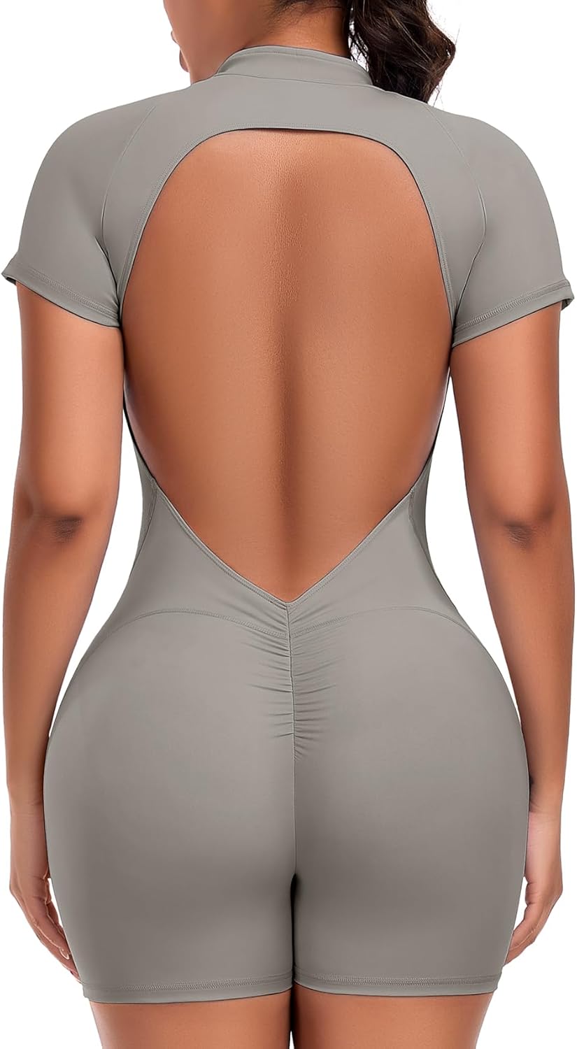 SEASUM Workout Jumpsuits for Women Zip Up Romper Open Back Bottom Short Sleeve Sexy Workout Bodysuit for Gym - Image 5