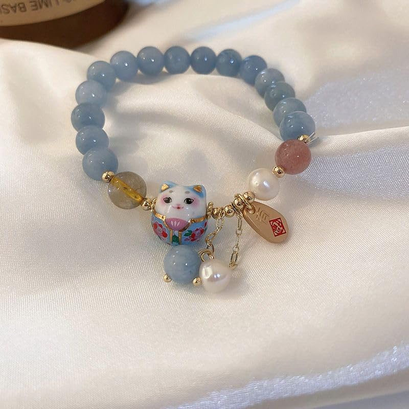 Lucky Cat Bracelet for Women, Blue Crystal Feng Shui Good Luck Jade Jewelry Ceramic Cat Pendant for Wealth Protection Motivational Positive Energy Meaningful Gift - Image 4