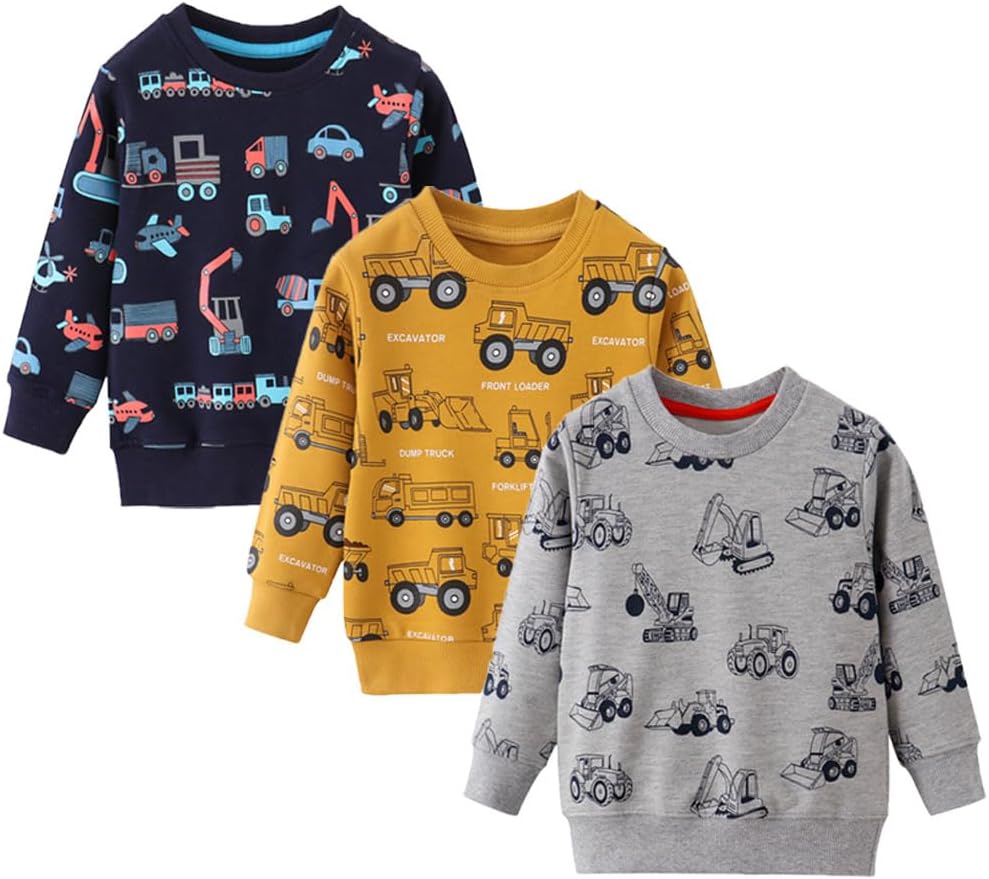 BeiVSlley Toddler Boys 3 Pack Cotton Pullover Crewneck Sweatshirt Long Sleeve Cartoon Shirt Sweaters Tops