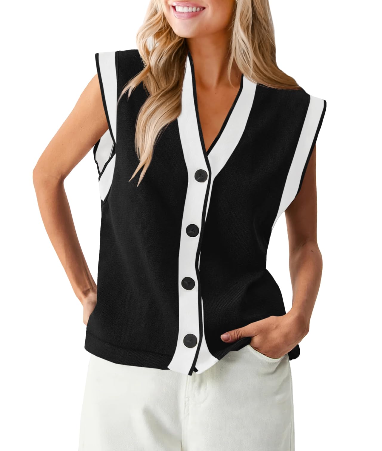 Large  Womens V Neck Sweater Vest Button Down Cap Sleeve Summer Trendy Color Block Loose Knit Tank Tops