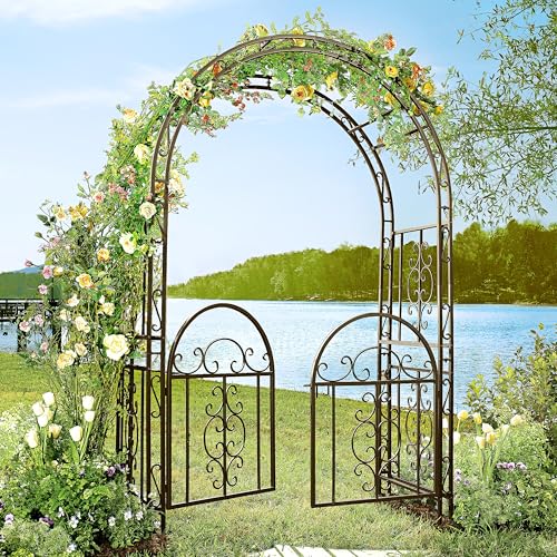 Plow & Hearth Arch Metal Outdoor Garden Arbor Double Gate | Montebello | 7 Feet Tall | Gunmetal Black | Trellis Lattice Climbing Plants