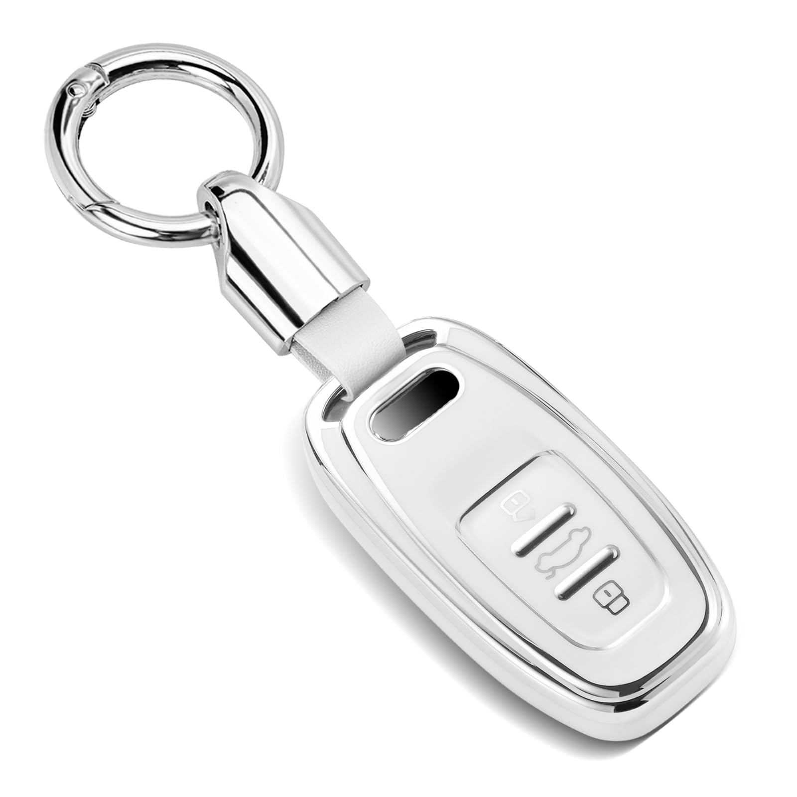 CTRINEWS for Audi Key Fob Cover with Luxury Metal Leather Keychain, Upgraded Soft Key Case for A3-A8 Q5 Q8 R8 RS4-RS7 S4-S8 SQ5 Key Fob Shell (Silver Edge,B)