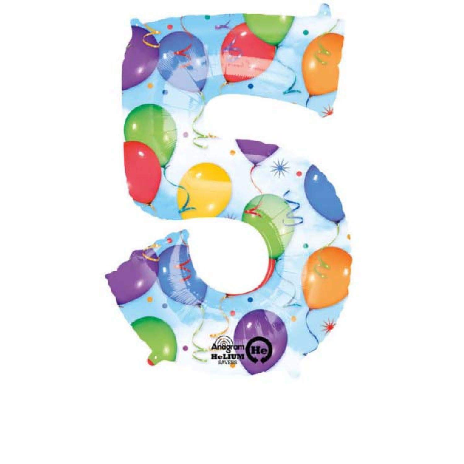 Number 5 Balloon – Folienballon Zahl 5, Ca. 58x86 Cm, Bunt, Mit Helium Oder Luft Füllbar, Wiederverwendbar