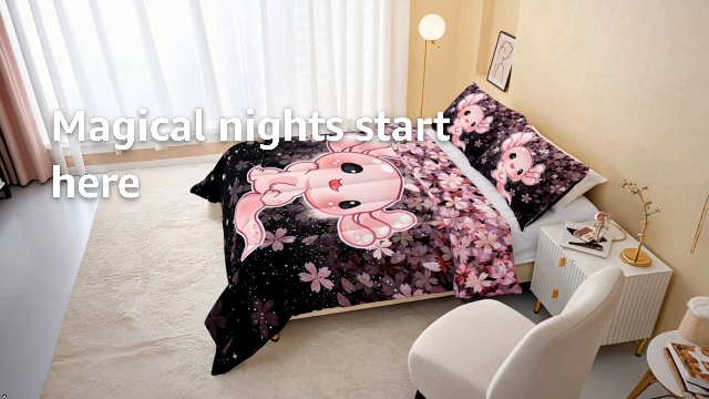 QOOMO Set Biancheria Da Letto Matrimoniale Kawaii Axolotl - Fiori Di Ciliegio Rosa, Stelle 3D, Copripiumino 170x215 Cm - 2