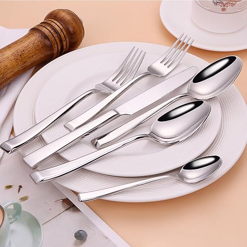 Miniatura 2 de Juego de cubiertos de 64 piezas para cubiertos de acero inoxidable 16, 18/10, mango cuadrado, juego de cubiertos para el hogar, cocina, restaurante,
