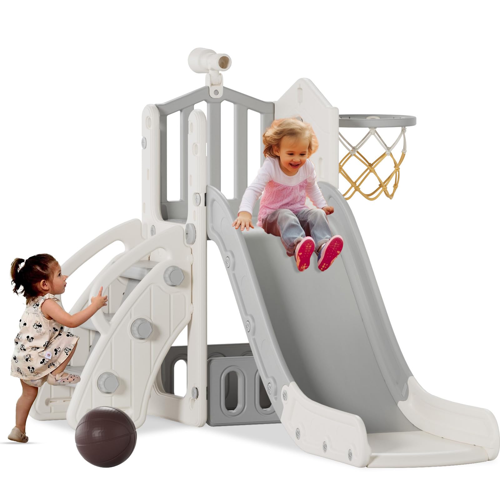 KORIMEFA Tobogán Infantil 5 en 1 con Canasta Plegable y balón de Baloncesto, Pequeño tobogán Infantil Toboganes Independientes para niños y niñas a partir de 1 año, para uso interior y exterior (Gris)