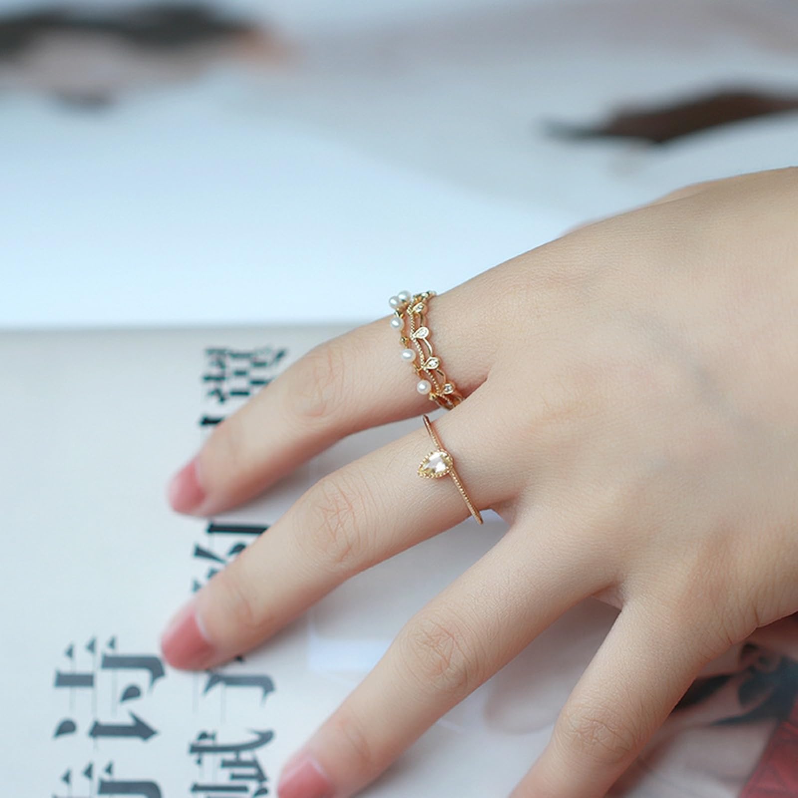 Verlobungsring Gold, Damen Vintage Trauring 3-teiliges Set mit Kristall und Perle, Moissanit aus Gelbgold